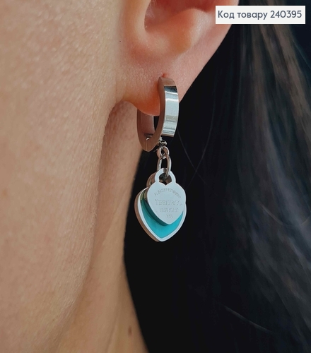 Серьги кольца серебряного цвета с подвесками сердечками цвета тиффани, сталь Stainless steel 240395 фото 2