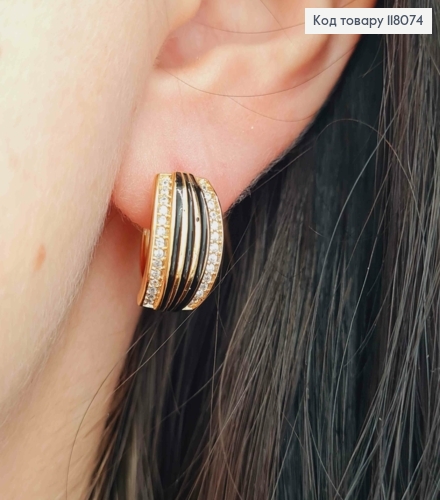 Серьги кольца с Камешками и Черной эмалью, диаметр 1,6см, Xuping 18К. 118074 фото 3