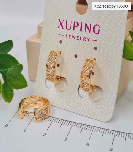 Серьги кольца с блестящими камешками, ширина 5мм, диаметр 1,6см, Xuping 18К. 118390 фото 2
