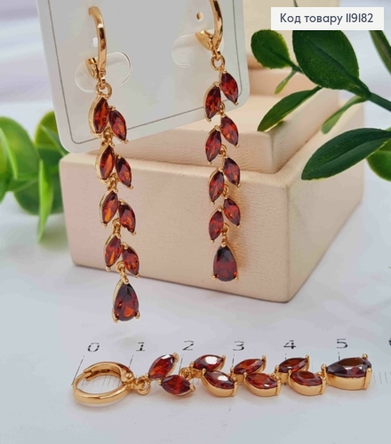 Сережки кільця (1,1см) з підвіскою Гілочка з Червоних камінців (4,1см), Xuping 18K 119182 фото 2