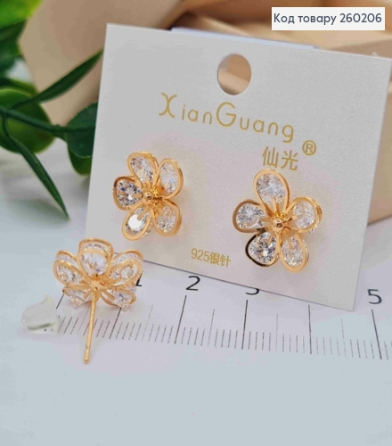 Сережки гвіздки золотого кольору, "Квіточка" в Блискучих камінцях (1,3см),сталь XianGuang 260206 фото 2