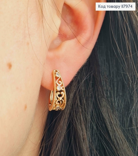 Серьги овальные "Ажурные" украшены камешком, 1,7см, английская застежка, Xuping 18K. 117974 фото 3