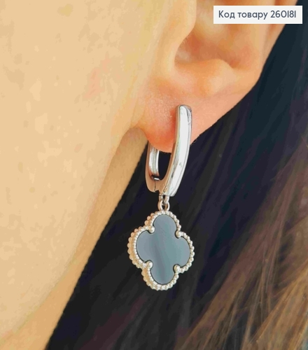 Серьги серебряного цвета с подвеской Van Cleef с Черной эмалью, 1,8+1,2см, Stainless Steel 260181 фото 2