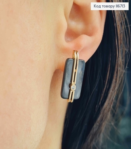 Серьги "Венера" с черной пластинкой и камешком, 2,5см, англ. зам. Xuping 18K 116713 фото 2