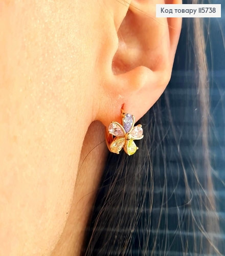 Сережки кільця 1см, Квіточка з кольорових камінців, 1см, Xuping 18K 115738 фото 2