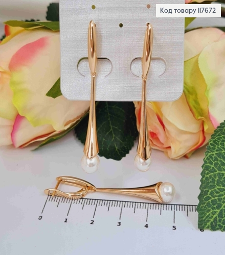 Серьги с подвесной жемчужиной, 5см, английская застежка, Xuping 18К 117672 фото 2