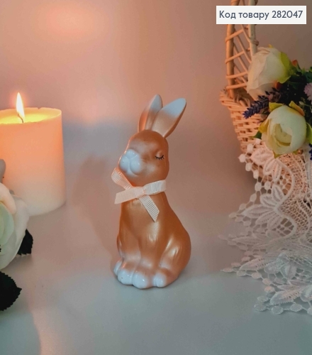 Пасхальная фигура ЗАЯЦ, ПЕРСИКОВОГО цвета, с бантиком, 12*6,5см 282047 фото 2