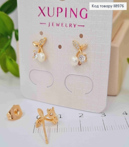 Серьги гвоздики "Вишенки" с Блестящими камнями и Жемчужкой, длина 1см, Xuping 18K 118976 фото 2