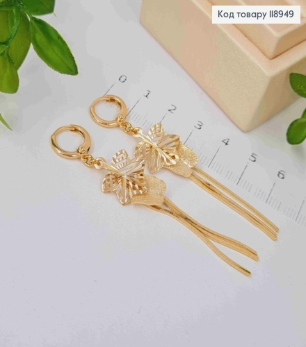 Серьги кольца с подвесной листочкой, бабочкой и цепочками (2,5см), , диаметр 1,1см, Xuping 18K 118949 фото 3