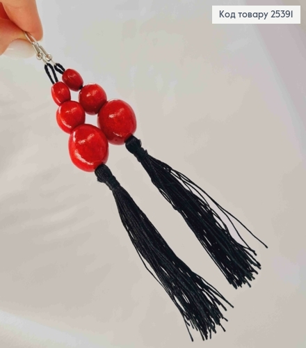 Серьги крючки из Деревянных бусин + Кисточка, Красно-Черного цвета, 6+8см, Ручная работа 25391 фото 2