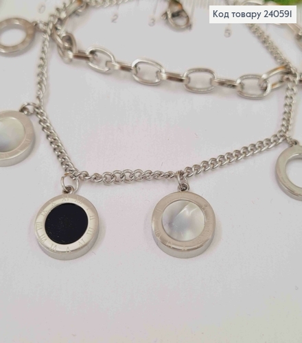 Браслет 16+4см Van Cleef 3 підвіски з чорною і перламутр. емаллю, колір срібний, Stainless Steel 250015 фото 2