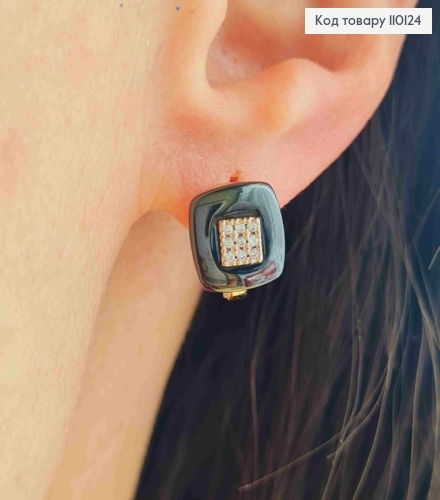 Сережки прикрашені Чорною емаллю та Блискучими камінцями, довжина 1см, англ. застібка,  XUPING 18К 110124 фото 3