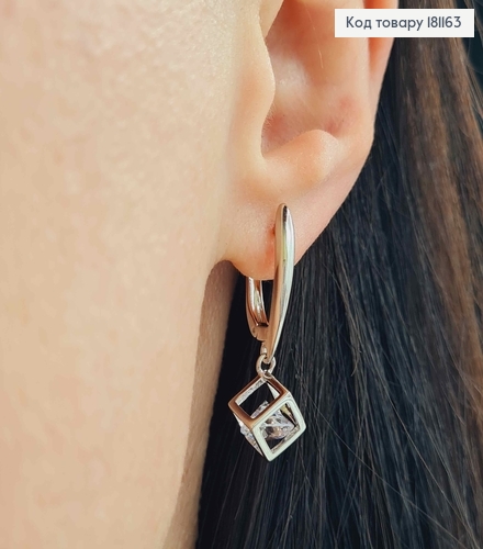 Серьги родованные, с подвеской Кубиком с камешком, 2,7см, англ. застежка, Xuping 181163 фото 2