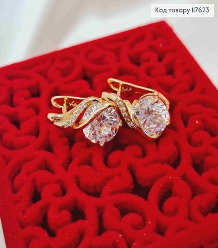 Сережки "Бажання" з великим Блискучим та маленькими камінцями, 1,6см, англ. застібка, Xuping 18К 117623 фото 2