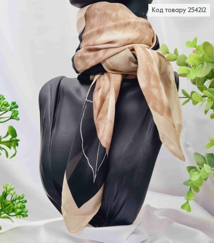 Хустка з колечком, Чорно-Кремового кольору з малюнком "Квітка", 70*70см, 100% поліестр (шовк) 254212 фото 2