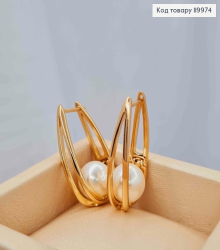 Серьги овальные с жемчужкой внутри, длина 2,9см, английская застежка, XUPING 18K. 119974 фото 3
