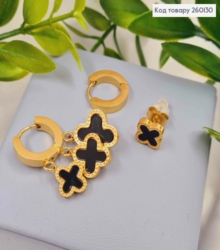 Набор серьги кольца + гвоздик "Van Cleef" с черной эмалью, лимонного цвета, сталь Stainless Steel 260130 фото 2