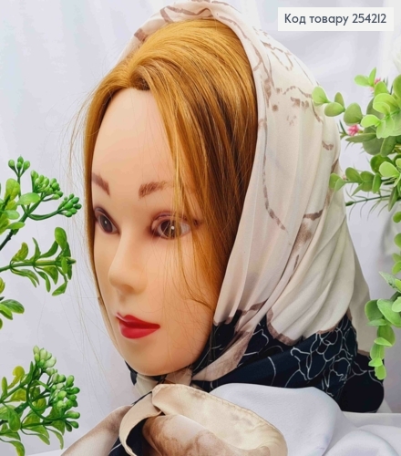 Хустка з колечком, Чорно-Кремового кольору з малюнком "Квітка", 70*70см, 100% поліестр (шовк) 254212 фото 4