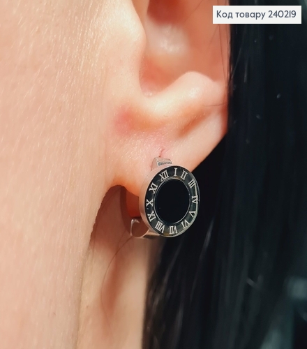 Сережки родированые кольца "Римские часы" с чорной ставкой, 1*0,7см, Stainless Steel 240219 фото 2