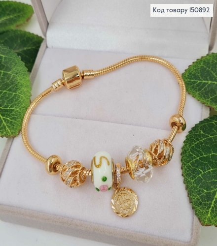 Браслет "Пандора" с Белым шармиком с объемной лепкой и долларовой монеткой длиной 18см. Xuping 18К 150892 фото 2