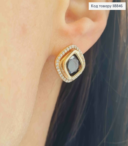 Сережки "Очі Сфінкса" з Зеленим каменем в оправі з камінців, 1,4см, англ. застібка, Xuping 18К 118846 фото 3