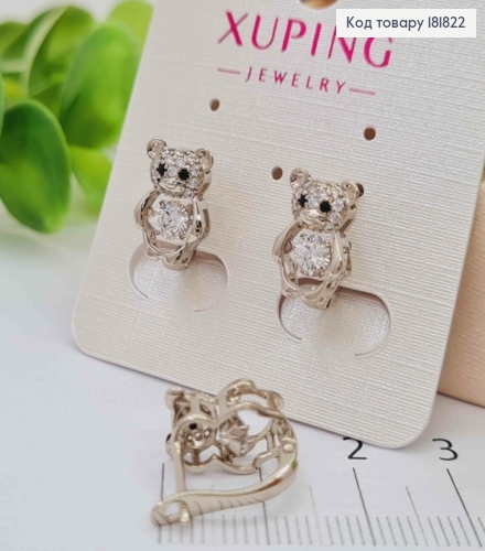Серьги родованные "Медвежата" с подвижными камешками, 1,4см. англ. зам., Xuping 181822 фото 2