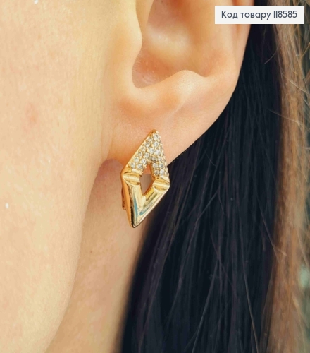 Серьги "Ромбы" украшены блестящими камнями, 1,7см, английская застежка, Xuping 18К. 118585 фото 2