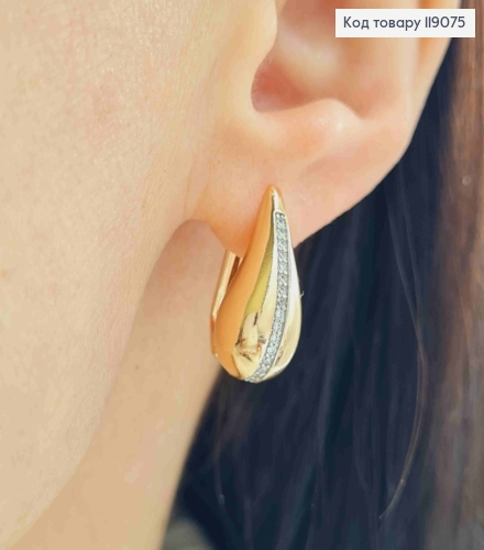 Серьги "Капельки" с блестящими камешками в один ряд, 2см, английская застежка, XUPING 18K 119075 фото 2