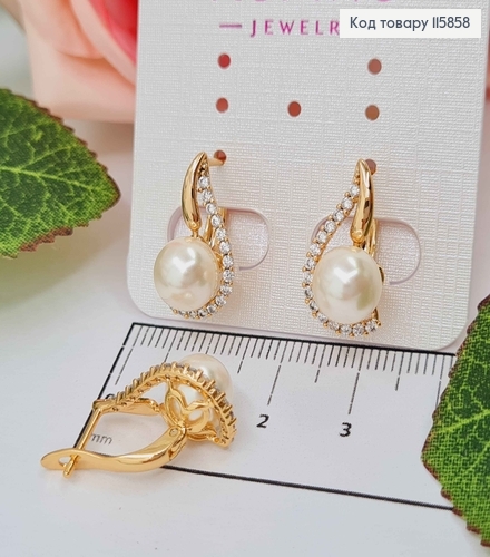 Серьги С жемчужиной и завитком в камешках, 2см, англ. зам Xuping 18К 115858 фото 2
