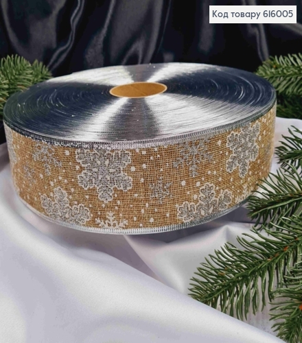 Лента-сетка "ЛЕН" с Серебряными Снежинками, ширина 6,5см, длина 100 ярдов (90м) 616005 фото 2