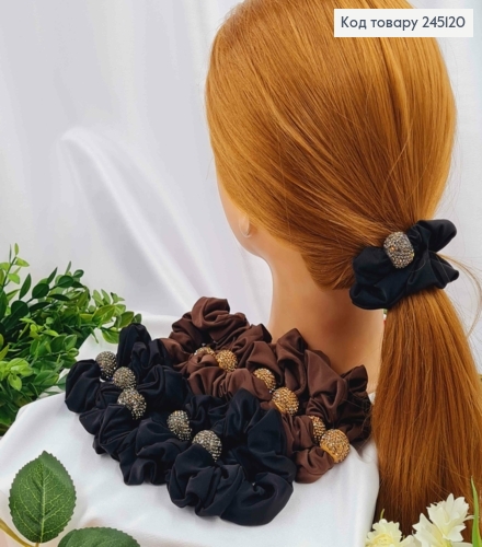 Резинка-жатка атласна 8см  з кулею в камінцях в асорт. коричнево-чорні, запаковані по 12шт 245120 фото 2