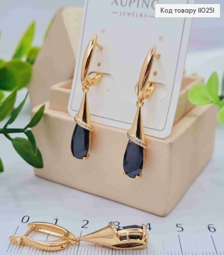 Серьги с подвижной подвеской Черный камень Капля, 1,7+2,1см, английская застежка, Xuping 18К 110251 фото 2