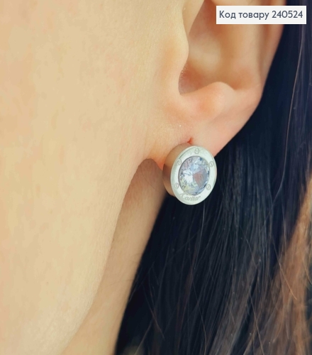 Серьги гвоздики, Картье, серебряного цвета, 1см. с камешком, сталь Stainless Steel 260026 фото 2