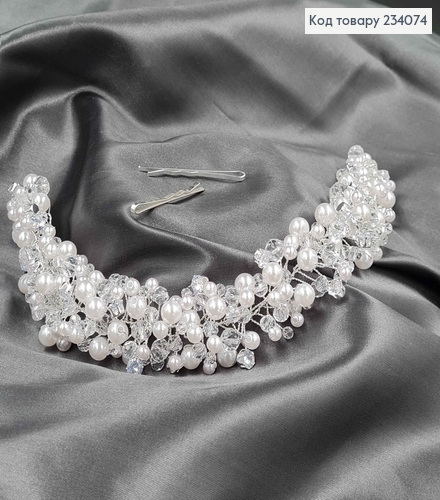 Гілочка у волосся срібного кольору, ручної роботи, з перлинкам , камінням та стеклярусом 234074 фото 2