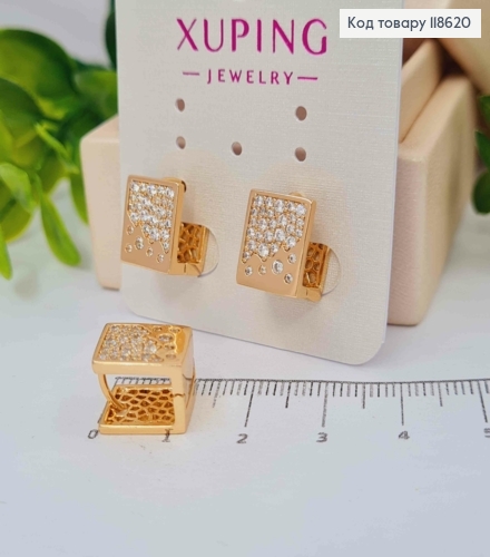 Сережки кільця "Квадратні" прикрашені блискучими камінцями, ширина 1см, довжина 1,2см, Xuping 18К 118620 фото 2