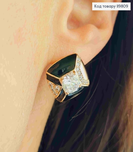 Серьги "Ретро" с Блестящими камешками и Черной эмалью, 1,8см, английская застежка, XUPING 18K 119809 фото 2