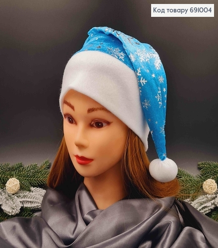 Шапочка новогодняя, Голубой цвет с снежинками серебряного цвета, велюровая 691004 фото 2
