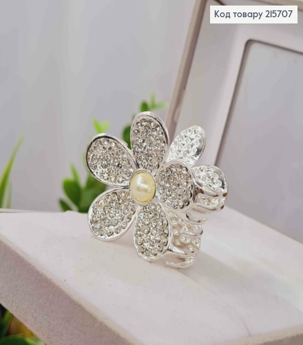 Краб металл "Цветик" украшен блестящими камнями и жемчужиной, 4см, Серебряного цвета. 215707 фото 2