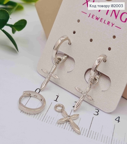 Серьги кольца с подвеской "Крестик" с Блестящим камнем, диаметр 1,6+1,9см, Xuping 182003 фото 2