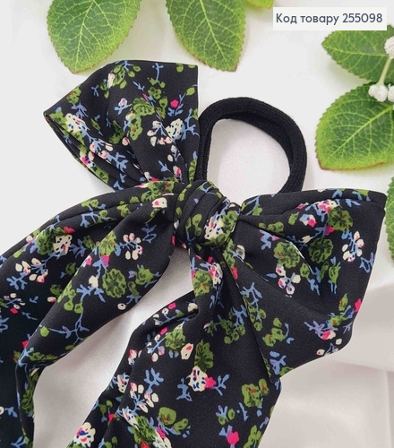 Резинка 5см, Твіллі довгий бант, Чорного кольору, з квітковим принтом, довж.16см 255098 фото 2