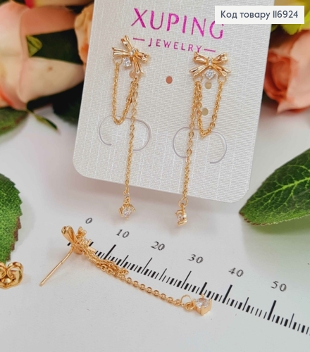 Сережки гвіздки, Бантик з камінцями та підвісками ланцюжками, 4см, Xuping 18K 116924 фото 2