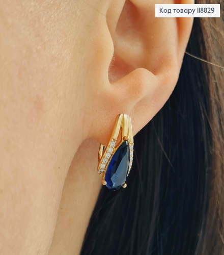Серьги "Ксения" украшены Темно-Синим камнем, 1,7см, англ. застежка, Xuping 18К 118829 фото 2