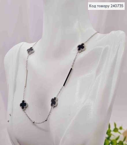 Цепочка серебряного цвета, с подвесками Van Cleef с черной эмалью, 40+5см, сталь Stainless Steel 240735 фото 2