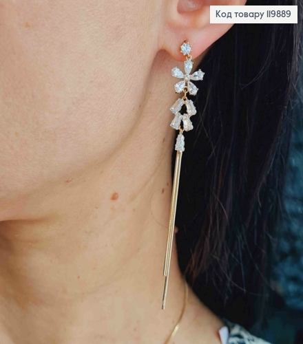 Серьги гвозди с подвеской "Цветок" в Блестящем камне и цепочкой, размером 8,5см, Xuping 18K 119889 фото 3