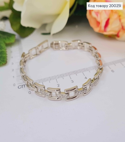 Браслет родованный, плетеный прямоугольными пластинками с перепонками в камнях, 17+2см, Xuping 200251 фото 2