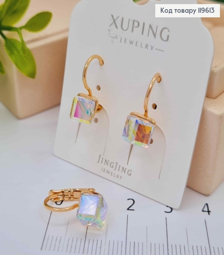 Серьги с Квадратным Блестящим камнем Сваровски Хамелеон, 1,5см, застежка левербек, Xuping 18К 119613 фото 2