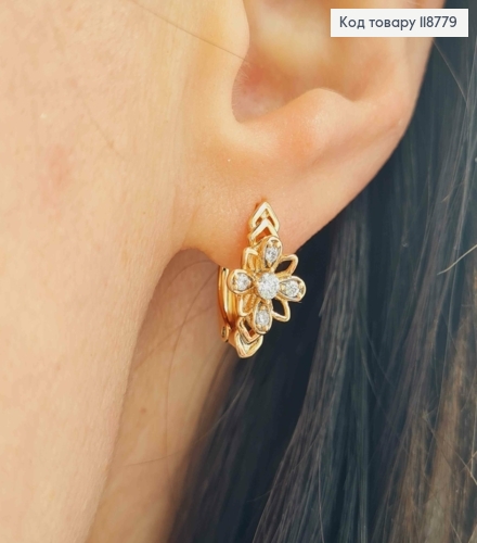Серьги "Ажурный Цветок" с Блестящими камешками, 1,5см, английская застежка, XUPING 18K 118779 фото 3