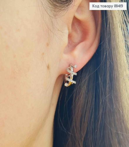 Серьги родованные, кольца обмотанные Змейкой в камнях, диаметр 1,5см, Xuping 181419 фото 2