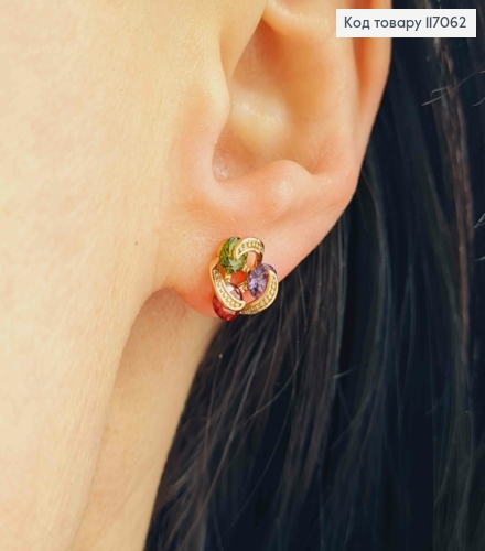 Серьги гвоздики, "Узелки" с цветными темными камешками, 1см, Xuping 18K 117062 фото 2