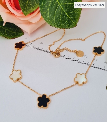 Цепочка 40+3.5 см Van Cleef, 5 подвесок, чёрная и перламутровая эмаль, цвет золотой, Stainless Steel 240269 фото 2